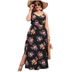 SHEIN Plus Size Cami Slip Dress Black Floral 2x